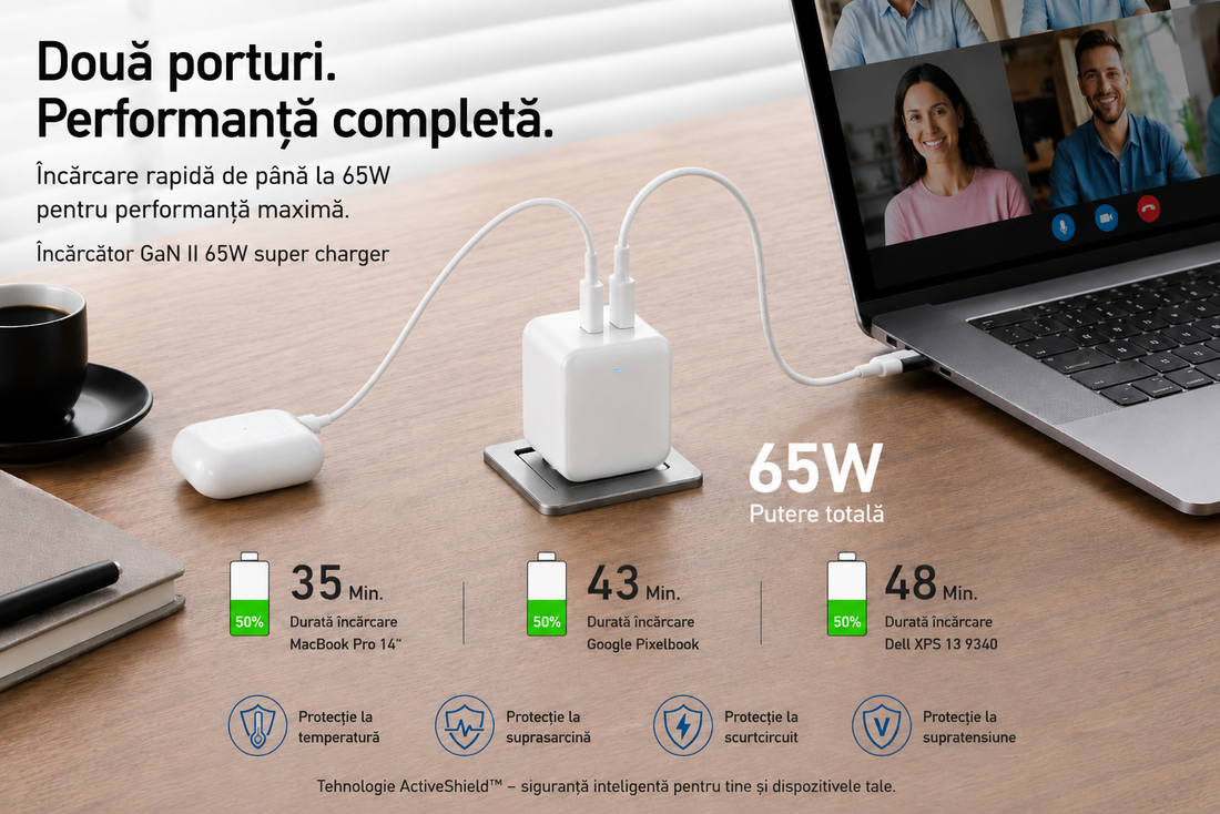 Încărcător 2 în 1, 65W , 1 USB-C, 1 USB A, iPhone, Android, Tabletă, Laptop - Easy VIT 65W GaN Fast Charger + Cablu Super fast 2 metri USB-C la USB-C